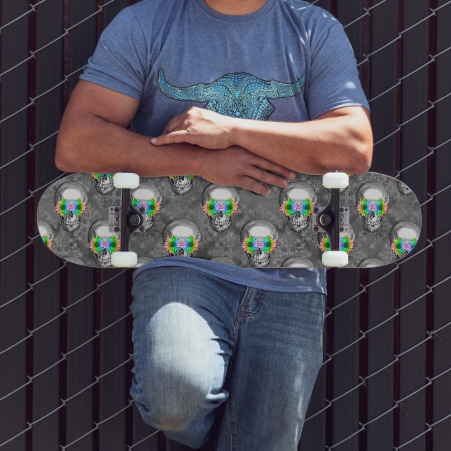 Grayscale Skull Pattern Neon Accent Edgy Street  Skateboard (Outdoor 3)
