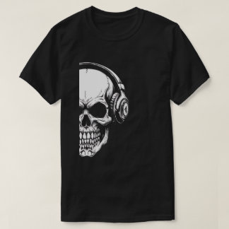 Grayscale Skull with Headphones Black T-Shirt