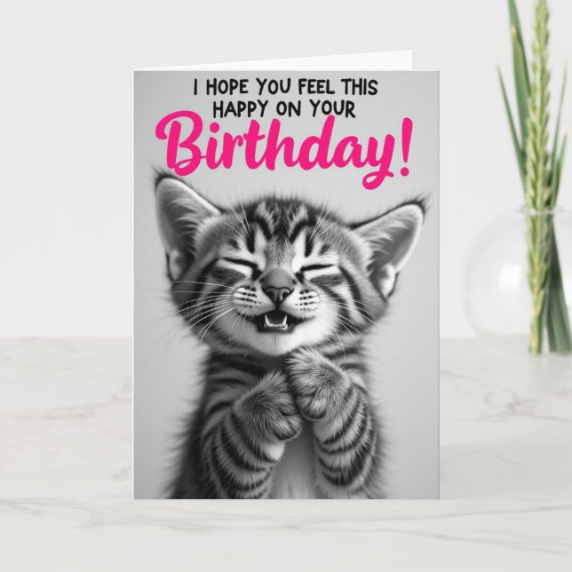 Grayscale Striped Cat Birthday Card (Front)