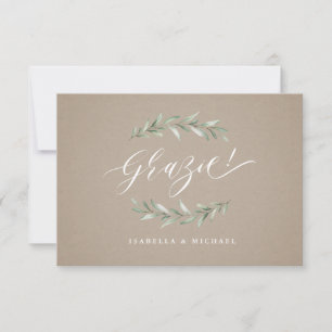 Grazie! Kraft Simple calligraphy rustic greenery Thank You Card