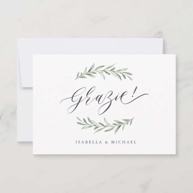 Grazie! Simple calligraphy rustic greenery Thank You Card (Front)