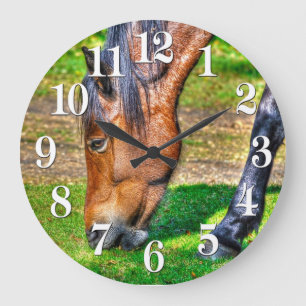 Grazing Bay Pony Equine Photo Horse-lovers Large Clock