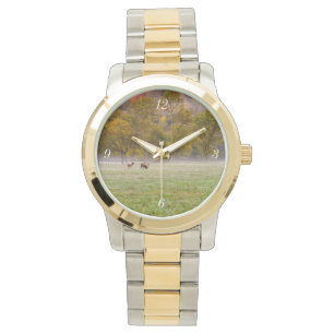 Grazing Elk Couple Gold and Silver Watch