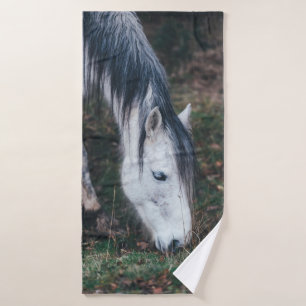 GRAZING GRAY HORSE ON AN AUTUMN’S DAY BATH TOWEL