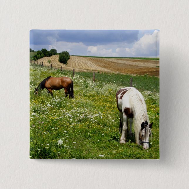 Grazing horses 15 cm square badge (Front)