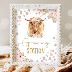 Grazing Station Highlander Cow Boho Farm Birthday Poster