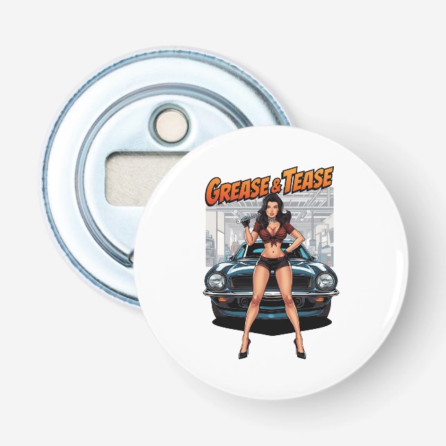 Grease & Tease – Hot Rod Pin-Up Girl Bottle Opener (Front)