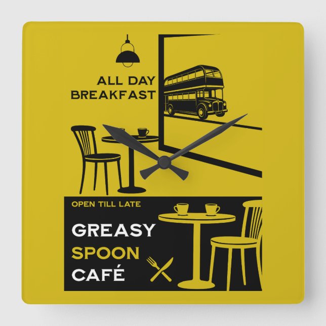 Greasy Spoon English Breakfast Square Wall Clock (Front)