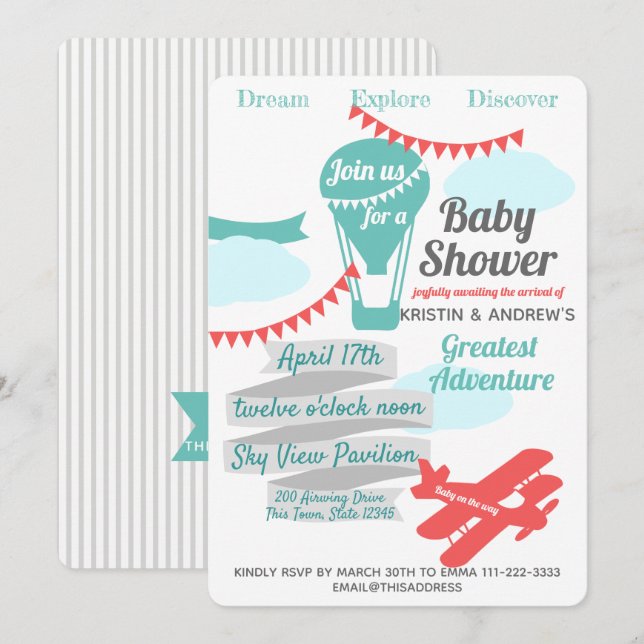 Great Adventure Hot Air Balloon and Aeroplane Invitation (Front/Back)