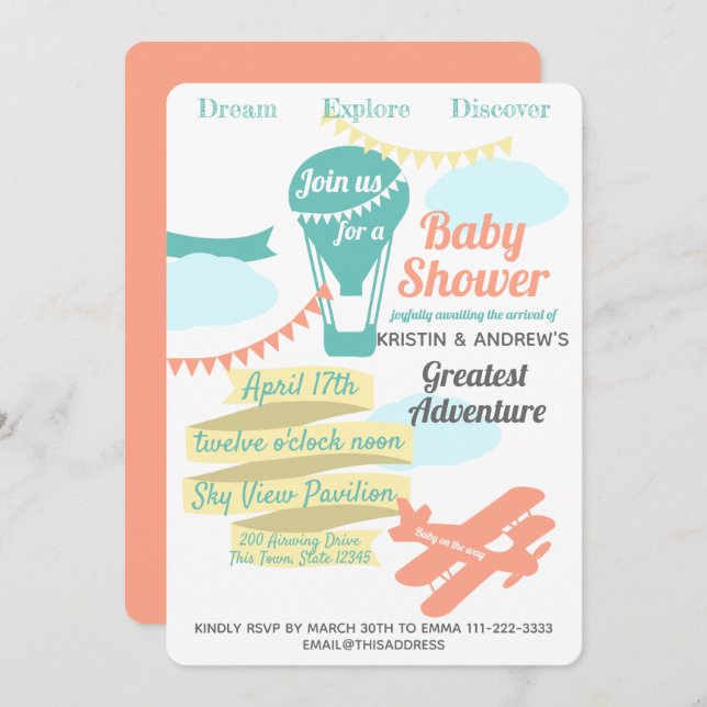 Great Adventure Hot Air Balloon and Aeroplane Invitation (Front/Back)