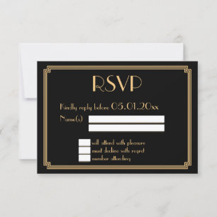 Great Art Deco Black Gold Wedding RSVP Card