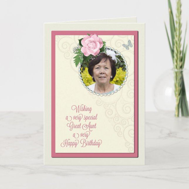 Great Aunt, add a photo,birthday with a rose Card (Front)