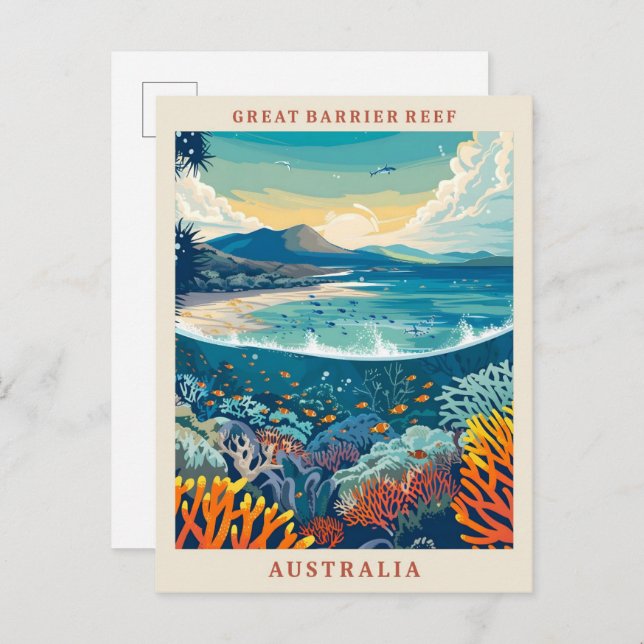 Great Barrier Reef Australia Art Vintage Travel Postcard (Front/Back)