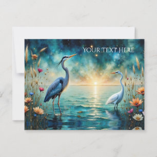 Great blue Heron and Egret flowers water Postcard