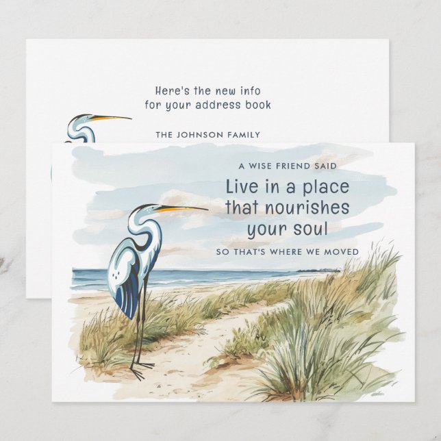 Great Blue Heron Beach Scene New Address Announcement (Front/Back)