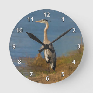 Great Blue Heron Bird at the Pond Round Clock