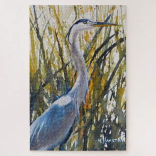 Great Blue Heron Bird In The Weeds Art Jigsaw Puzzle