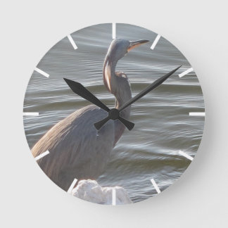 Great Blue Heron by the Water Round Clock
