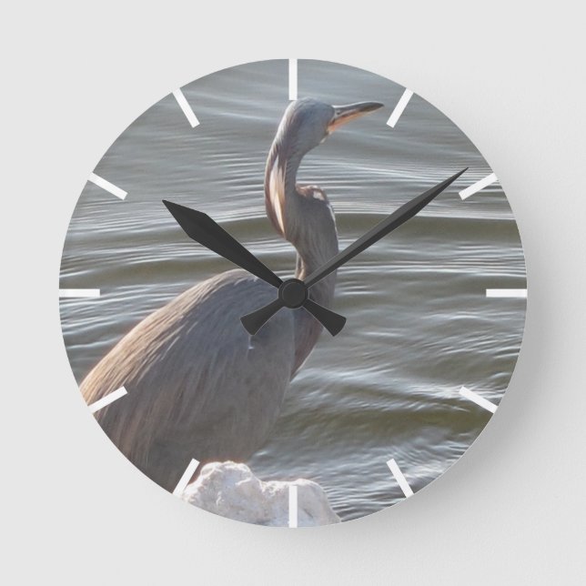 Great Blue Heron by the Water Round Clock (Front)