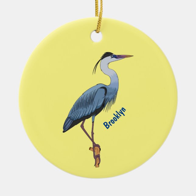 Great blue heron cartoon illustration ceramic ornament (Front)