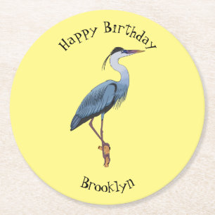Great blue heron cartoon illustration round paper coaster