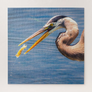 Great Blue Heron Catching Prey Wildlife Art Print Jigsaw Puzzle