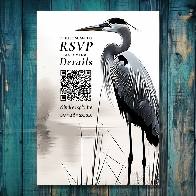 Great Blue Heron Coastal Bird QR Code Wedding RSVP Card (Front - Great Blue Heron Water Bird QR Code Wedding RSVP Card
)