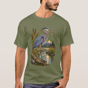 Great Blue Heron Fishing at Sunset Wetland Scene T-Shirt