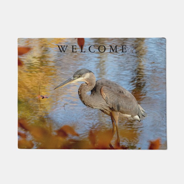 Great Blue Heron framed with fall foliage Doormat (Front)