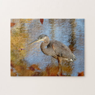 Great Blue Heron framed with fall foliage Jigsaw Puzzle