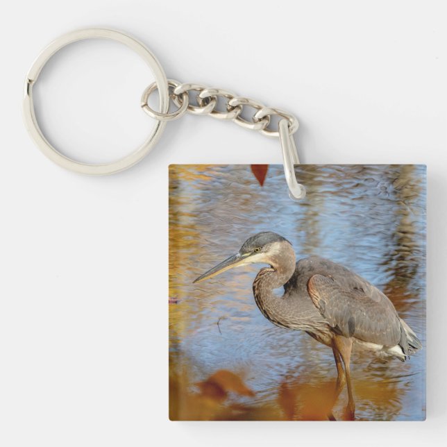Great Blue Heron framed with fall foliage Key Ring (Front)