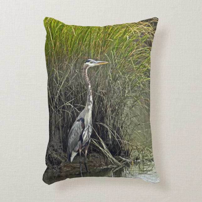Great Blue Heron In Salt Marsh Decorative Cushion (Front(Vertical))