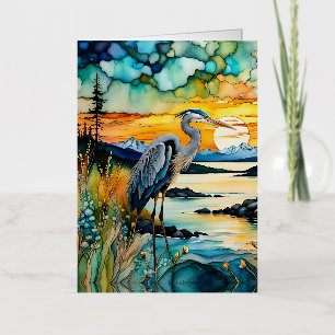 Great blue Heron Mountain sunrise Foil Greeting Card