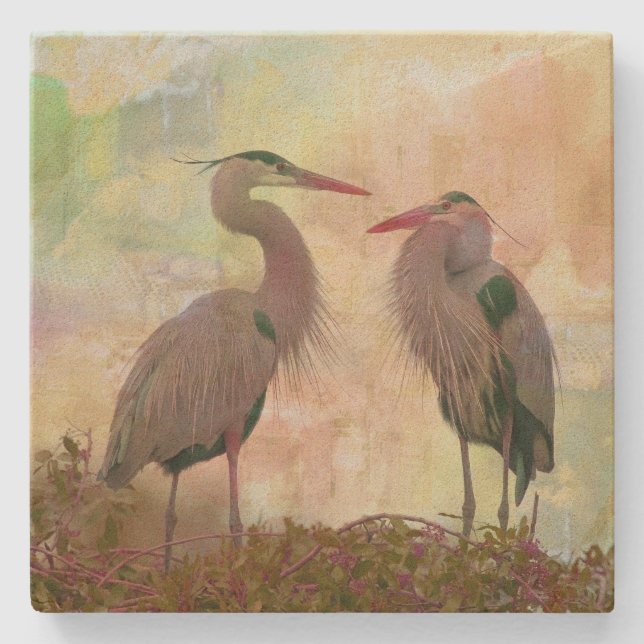 Great Blue Heron Pair Digital Art Stone Coaster (Front)