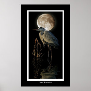 Great Blue Heron, Reeds and Moon Art Print