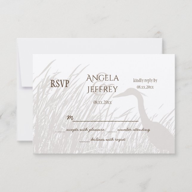 Great Blue Heron silhouette rustic wedding RSVP Card (Front)