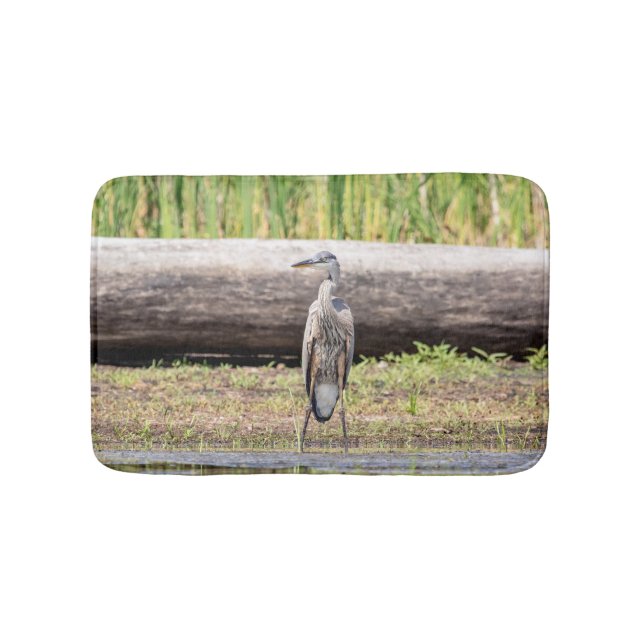 Great Blue Heron standing in Lake Champlain Bath Mat (Front)
