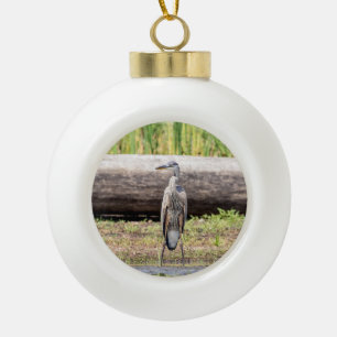 Great Blue Heron standing in Lake Champlain Ceramic Ball Christmas Ornament