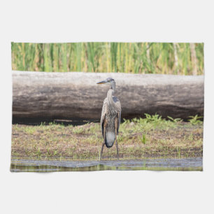 Great Blue Heron standing in Lake Champlain Tea Towel