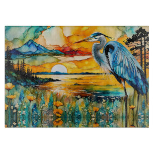 Great Blue Heron Sunset Wildflowers Landscape Cutting Board