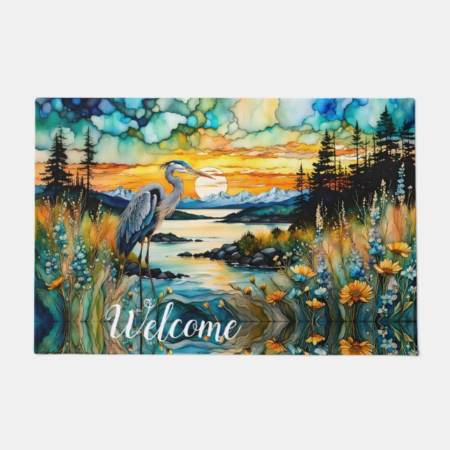 Great Blue Heron Sunset Wildflowers Landscape Doormat (Front)