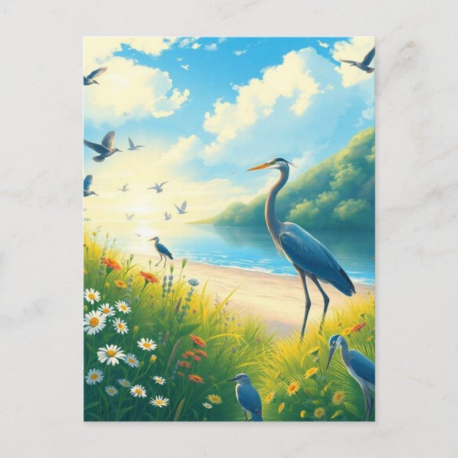 Great Blue Heron Sunset Wildflowers Landscape Postcard (Front)