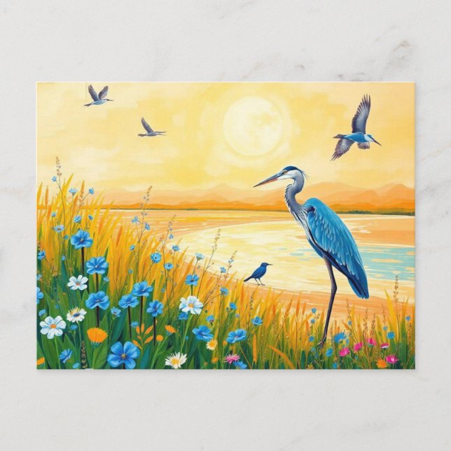 Great Blue Heron Sunset Wildflowers Landscape Postcard (Front)