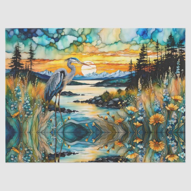 Great Blue Heron Sunset Wildflowers Landscape Tissue Paper (Front)