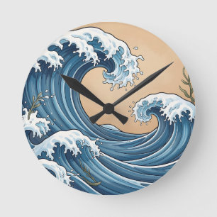 Great Blue Ocean Waves Japanese Style Round Clock