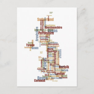 Great Britain UK County Text Map Postcard