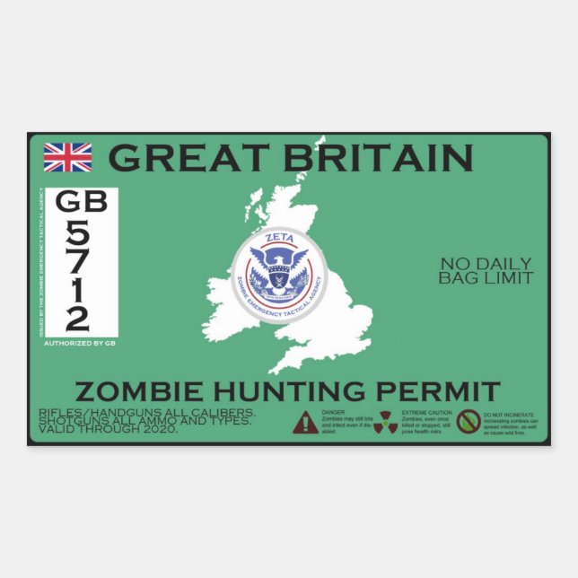 Great Britain Zombie Hunting Permit Rectangular Sticker (Front)
