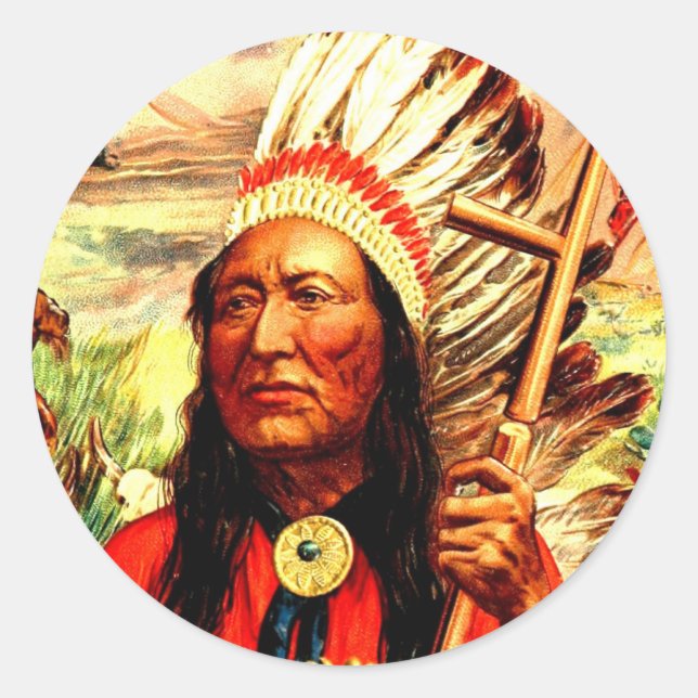 "Great Chief" Indian warrior leader & peace pipe Classic Round Sticker (Front)