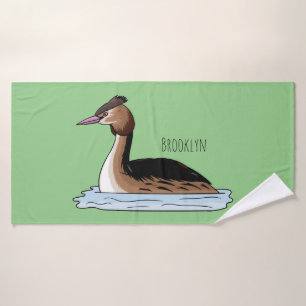 Great crested grebe bird cartoon illustration bath towel set