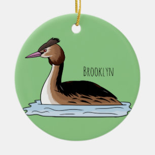 Great crested grebe bird cartoon illustration ceramic ornament